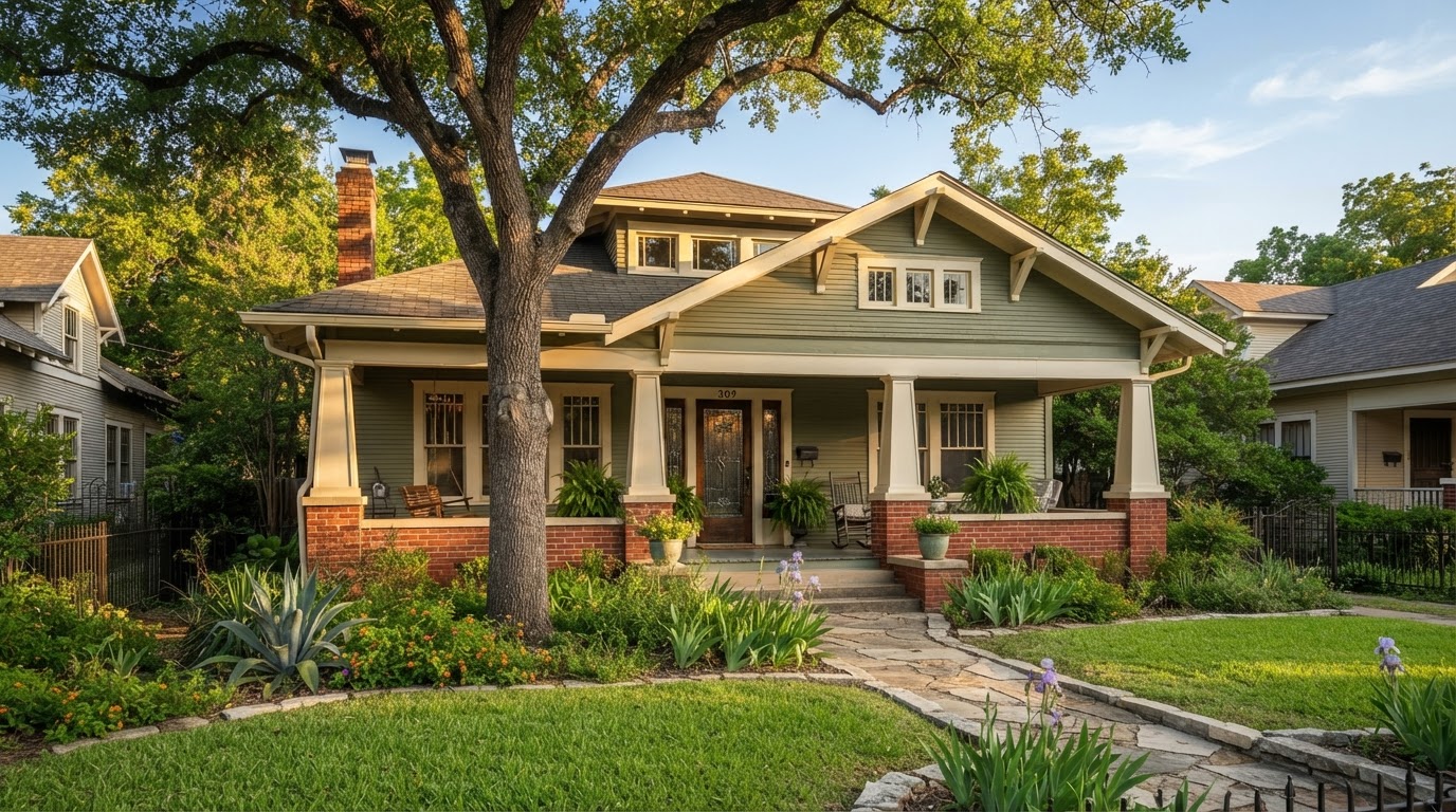 Well-preserved historic San Antonio home with painted wood siding, trim and masonry detail