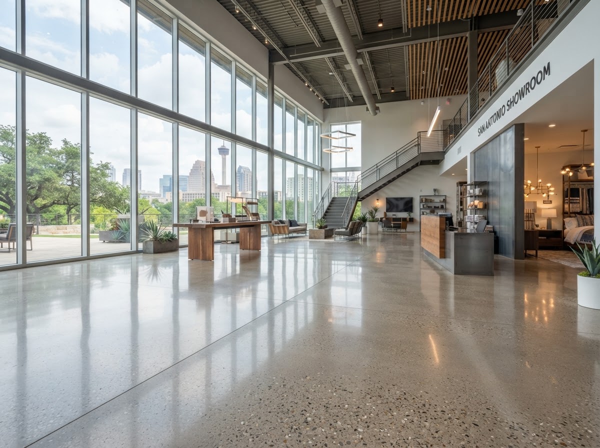Polished concrete floor with refined sheen in a San Antonio commercial interior