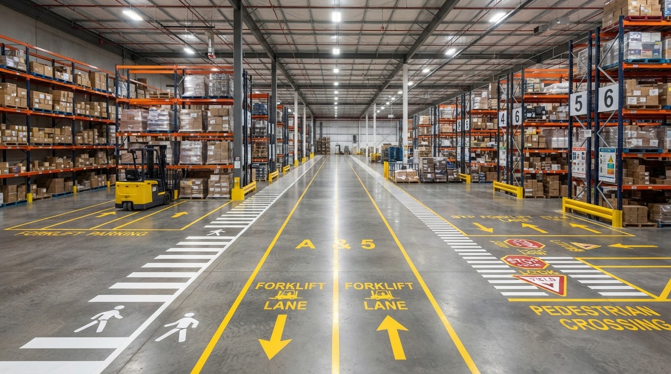 Warehouse floor line striping and safety marking with aisle lines and traffic lanes in San Antonio