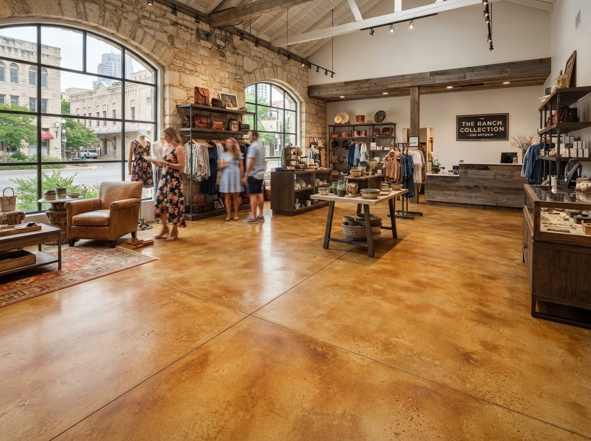 Decorative stained and sealed concrete floor in a San Antonio interior