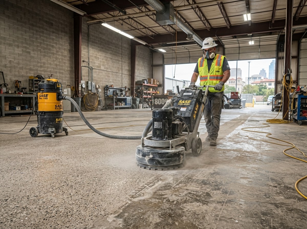 Professional concrete grinding and surface preparation before floor coating in San Antonio