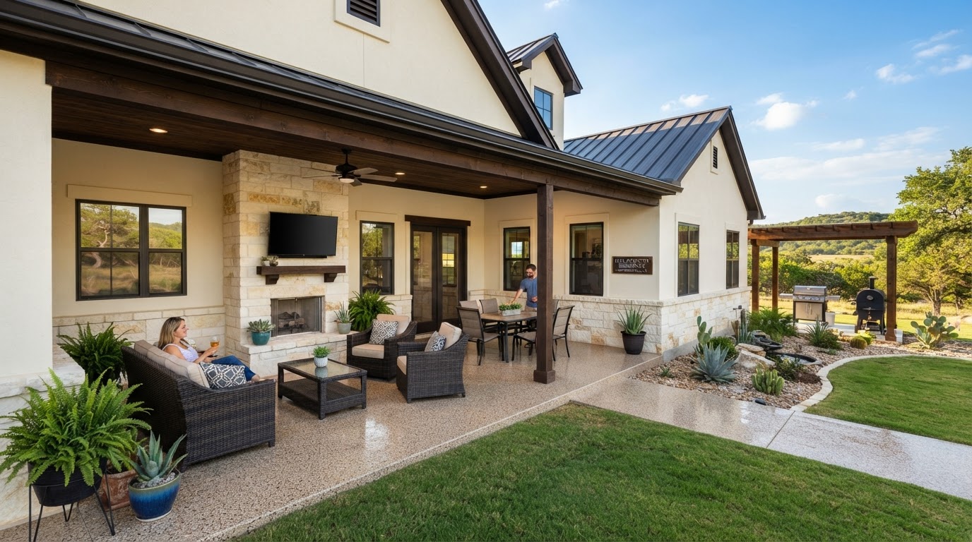 Hill Country New Braunfels home with freshly painted stucco and masonry exterior and coated patio