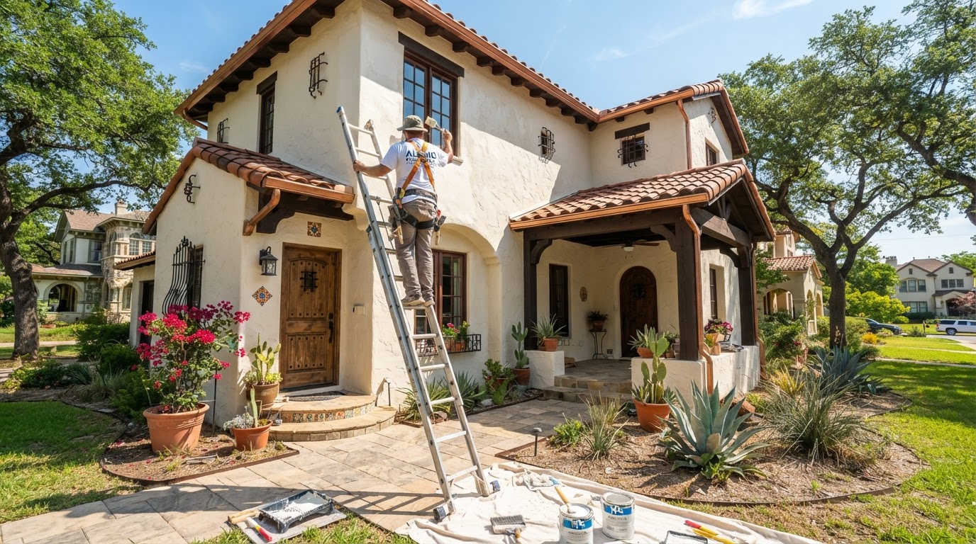 Exterior house painting project on a South Texas stucco home near San Antonio and Bexar County TX