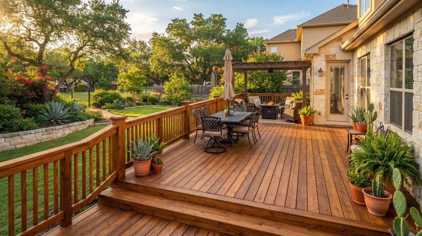 Professionally stained outdoor wood deck in San Antonio