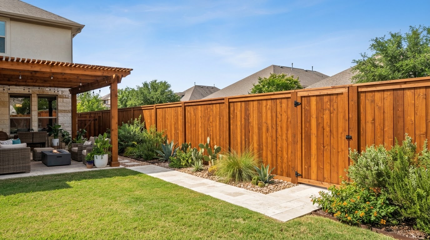 Freshly stained wood privacy fence serving a San Antonio residential property