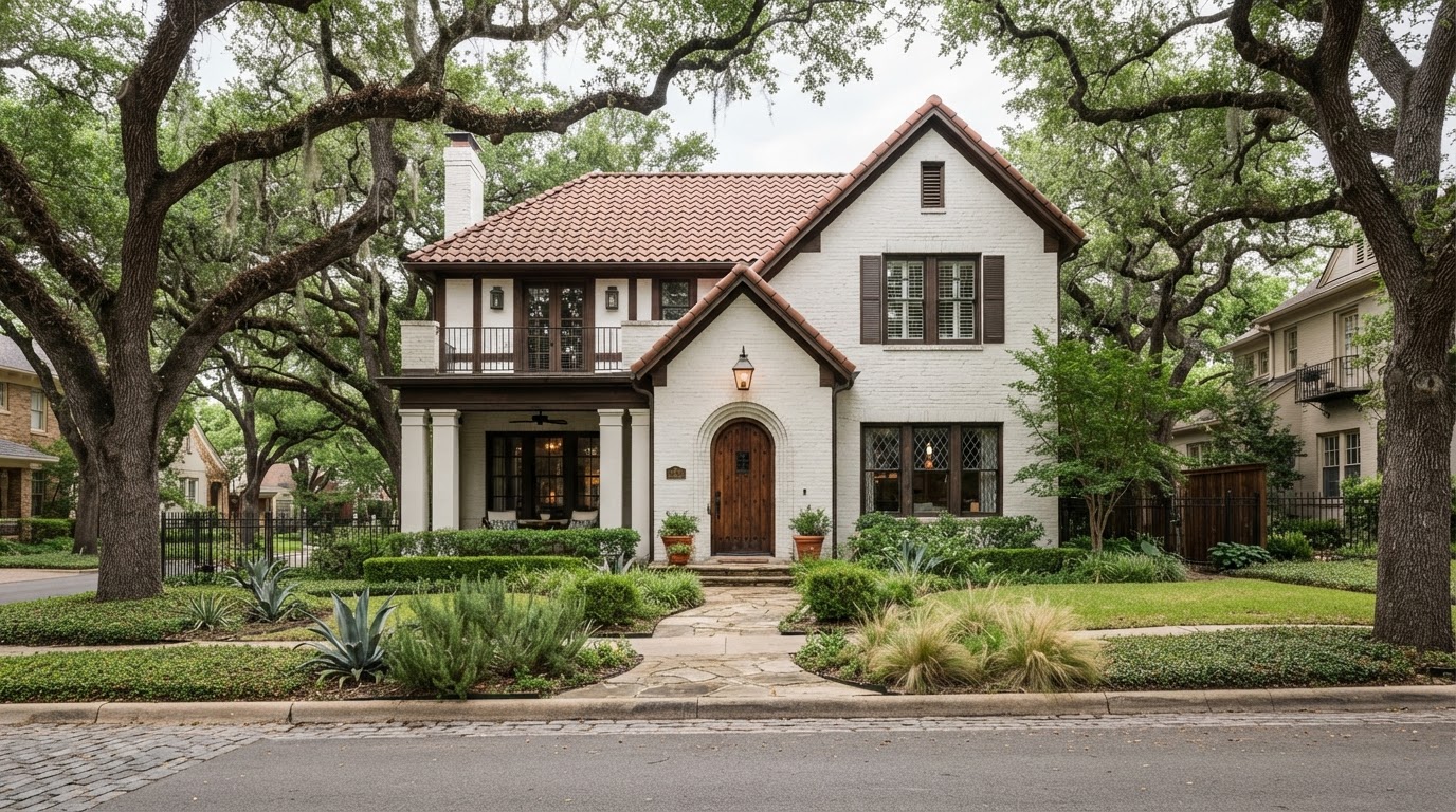 Established Olmos Park San Antonio historic-style home with painted brick and detailed trim