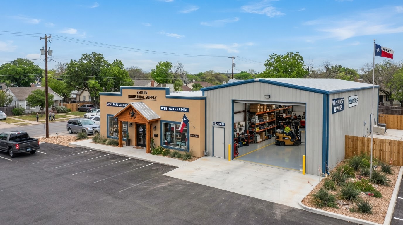 Commercial building in Seguin, TX with freshly repainted exterior, metal building, and warehouse with coated industrial floor