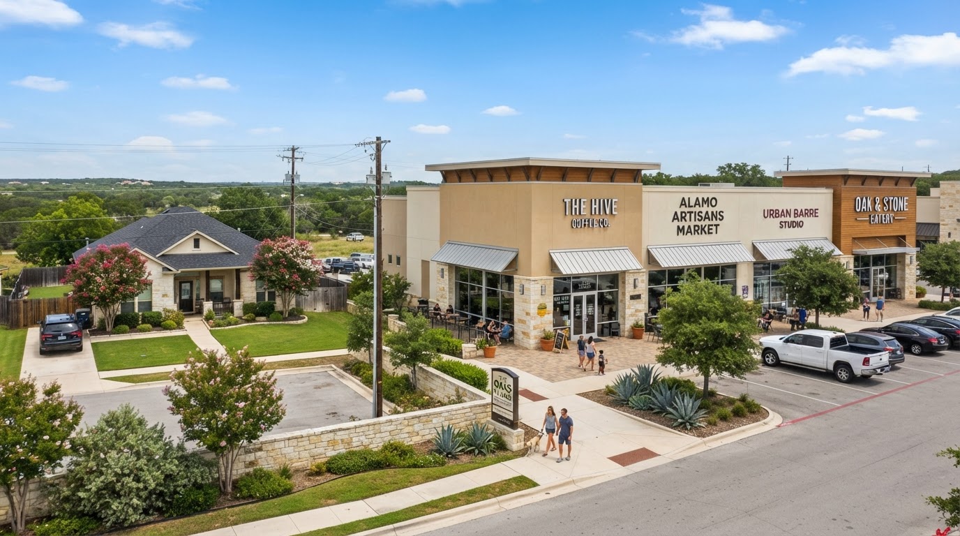 Freshly painted retail center and residential homes in Universal City San Antonio