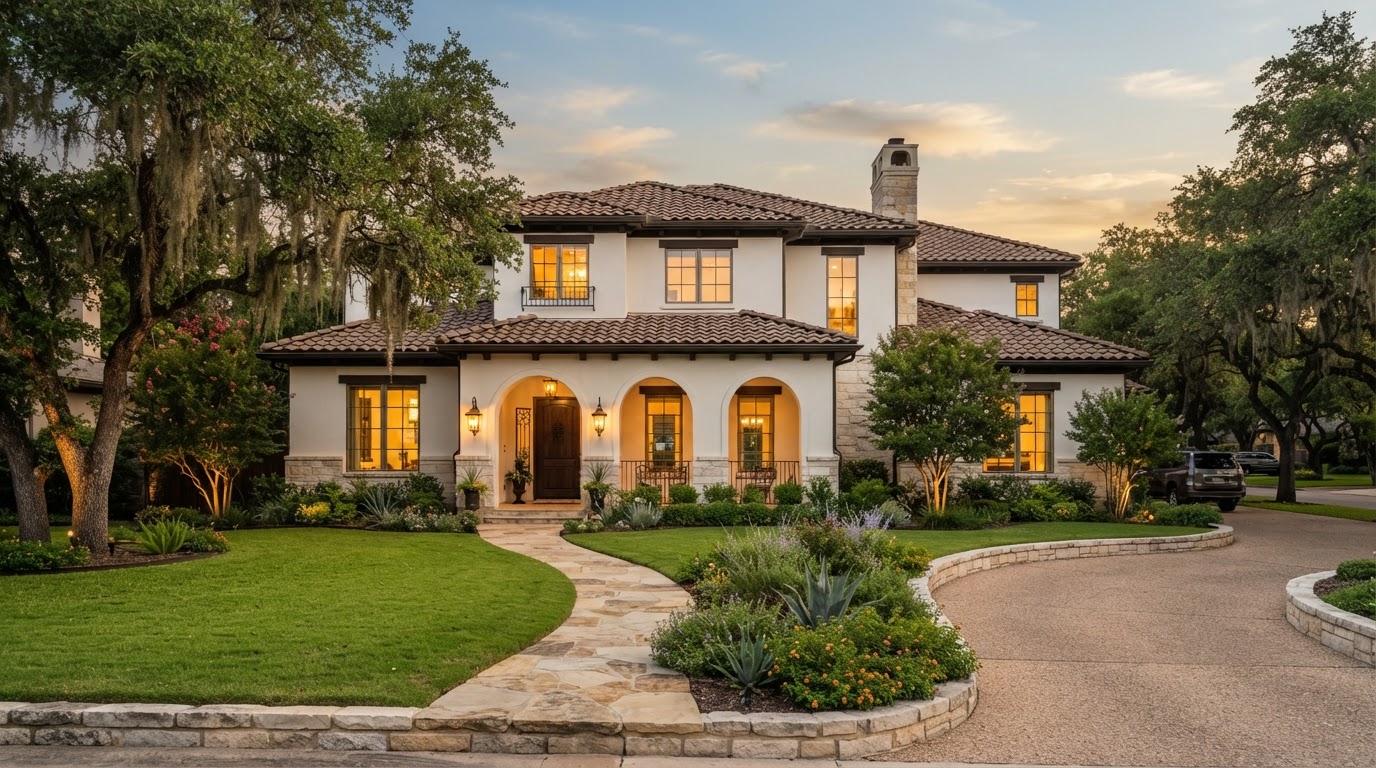 High-end Terrell Hills San Antonio home with freshly painted stucco exterior and detailed trim