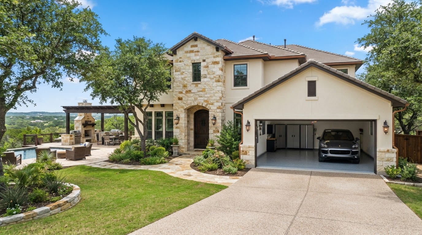 Upscale Fair Oaks Ranch, TX home with freshly repainted stucco and masonry exterior, detailed trim, coated garage floor, and patio