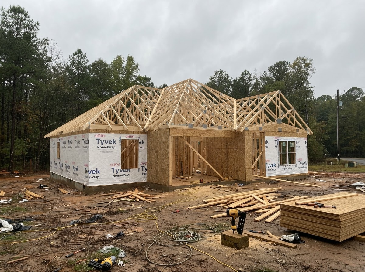 Prefabricated wood roof trusses set on framed walls with house wrap on a North Carolina home build