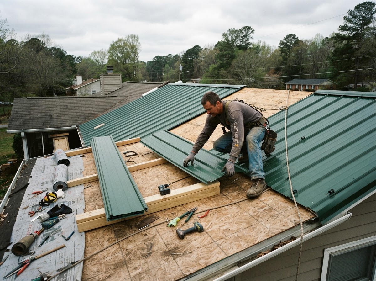 Green standing-seam metal roofing panels being installed with concealed fastener clips on a North Carolina home