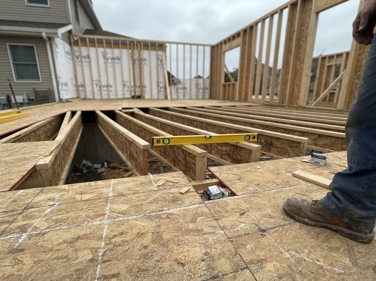Floor joists and rim joist framing on a residential addition with a level resting on the subfloor in North Carolina