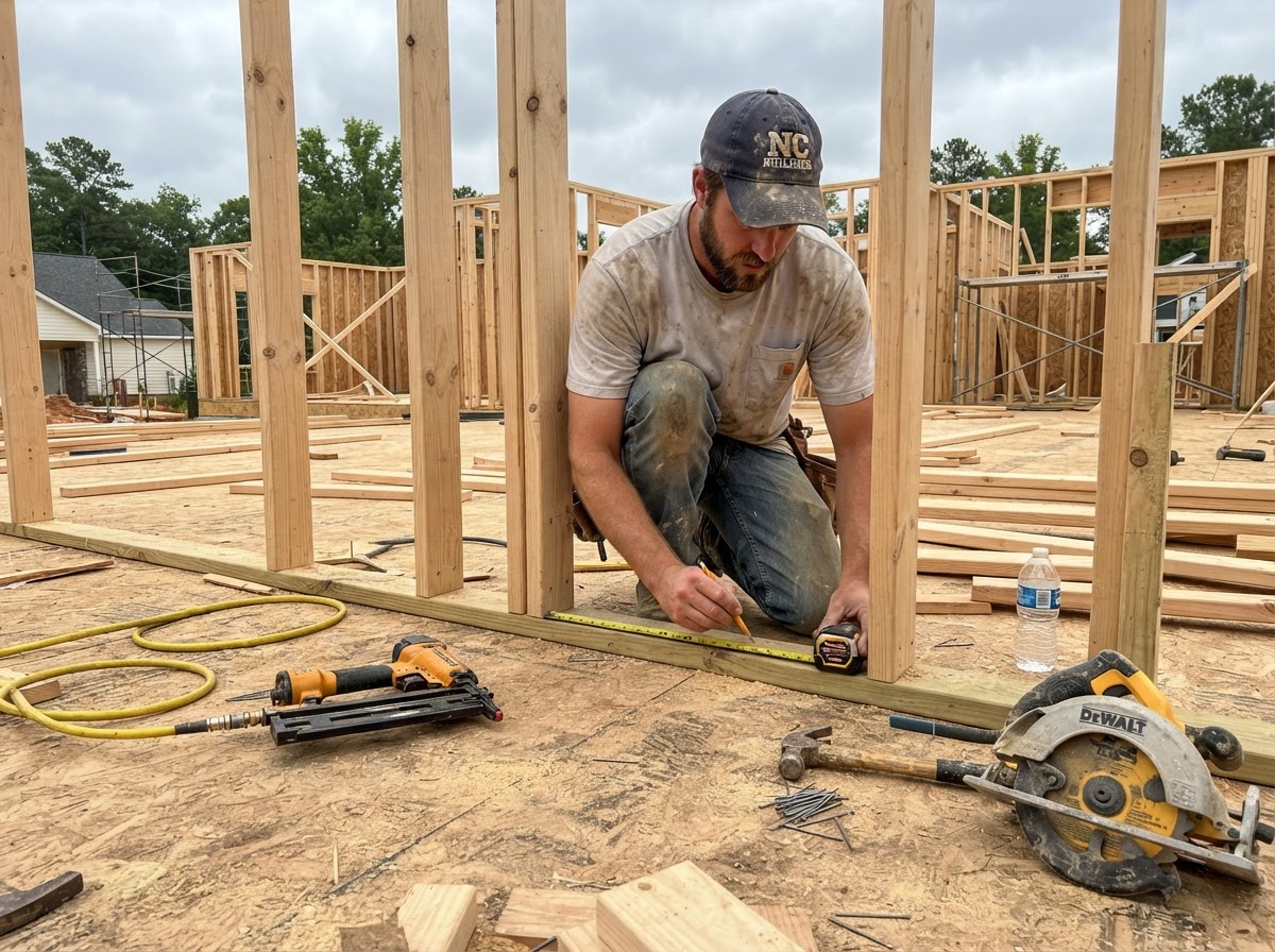 Framer laying out a 2x6 wood-framed wall on a plywood subfloor with a tape measure and pencil marks during a North Carolina residential build