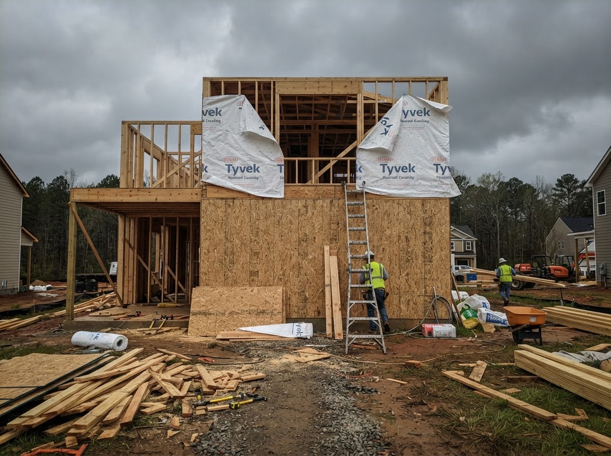 Framed house exterior with OSB wall sheathing and house wrap partially installed around a window rough opening