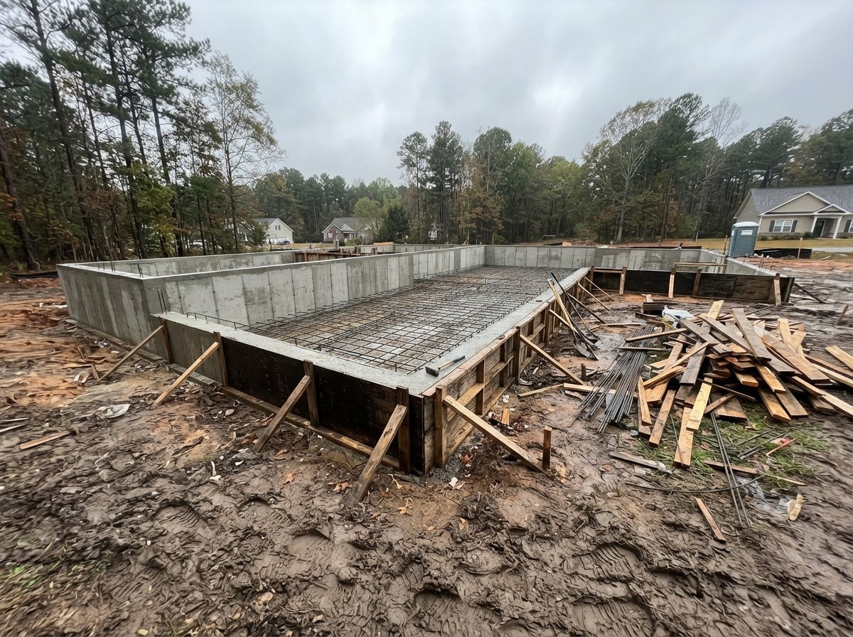 Newly poured concrete foundation walls with form boards and rebar on a North Carolina job site