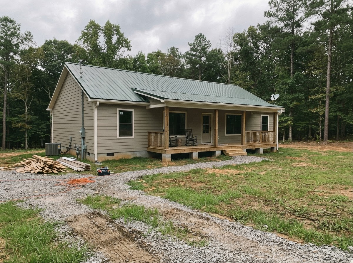 Newly completed single-story custom home with green standing-seam metal roof and covered porch in rural North Carolina