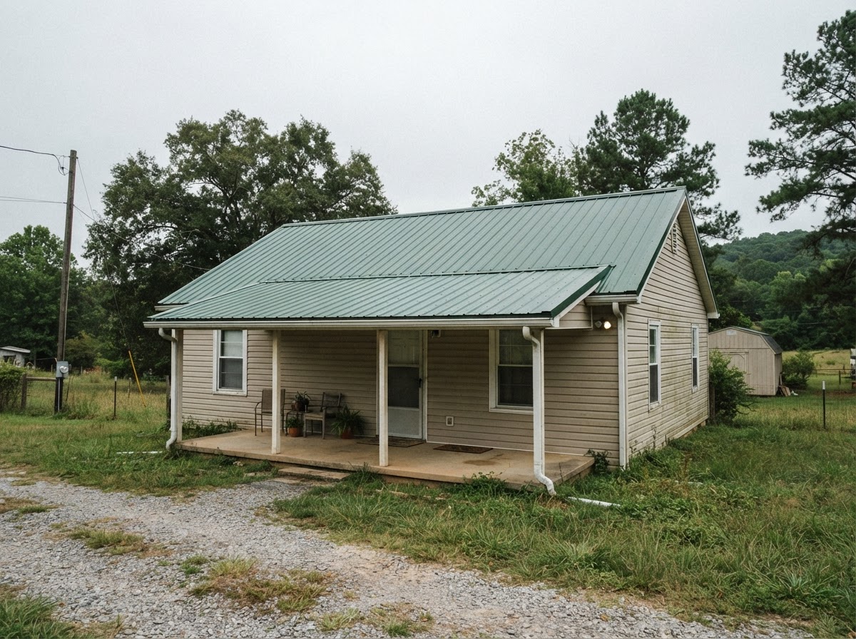 Completed green standing-seam metal roof with ridge cap and gable flashing on a rural North Carolina home