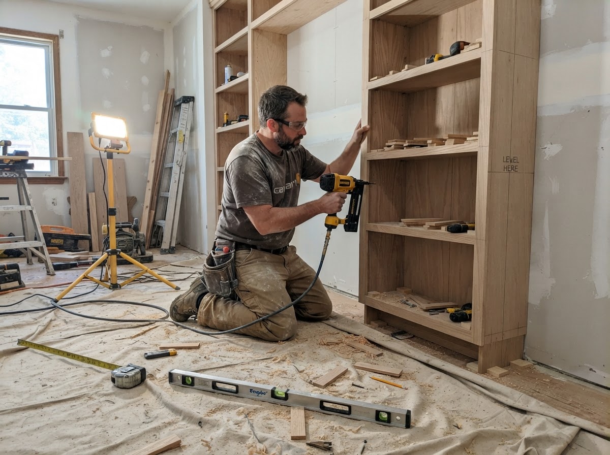 Carpenter installing custom built-in shelving with a nail gun, shims and pencil layout lines on unfinished wood