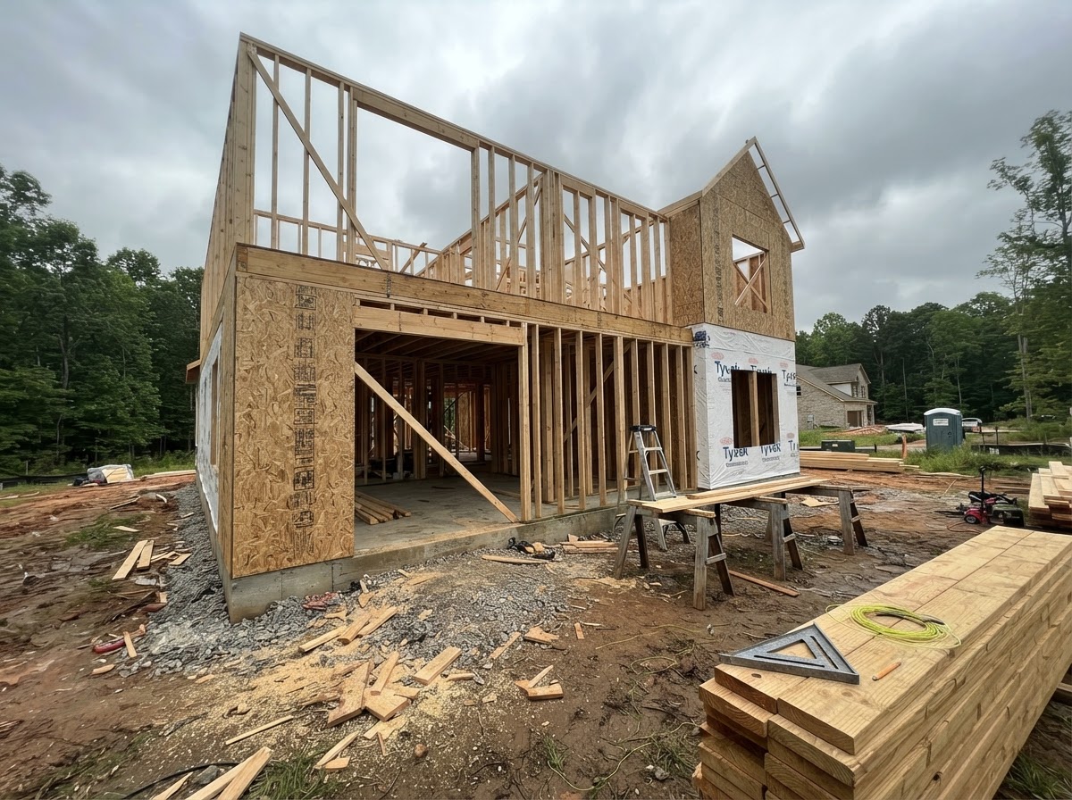 Wood stud walls and OSB sheathing going up during the framing stage of a North Carolina custom home