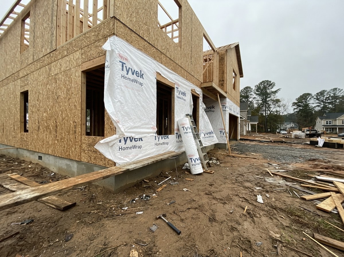 Exterior wall sheathing and house wrap installed on a residential construction site in North Carolina