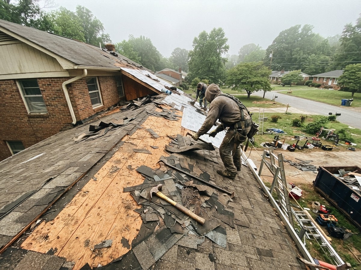 Old asphalt shingles torn off a residential roof with debris scattered on the deck during a North Carolina roof replacement
