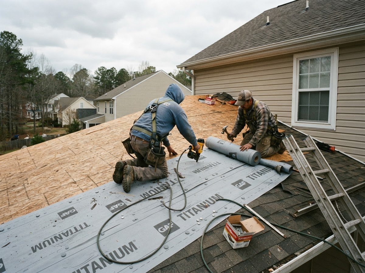 Synthetic underlayment rolled out and fastened onto a residential roof deck in North Carolina