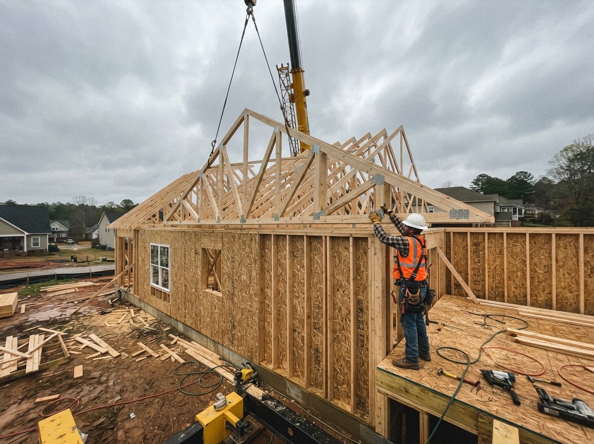 Prefabricated roof trusses being set with a crane on a residential home framing site in North Carolina