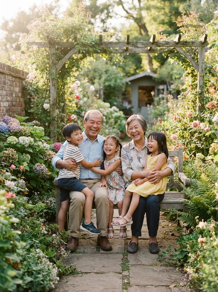 Asian grandparents laughing with their grandchildren outdoors