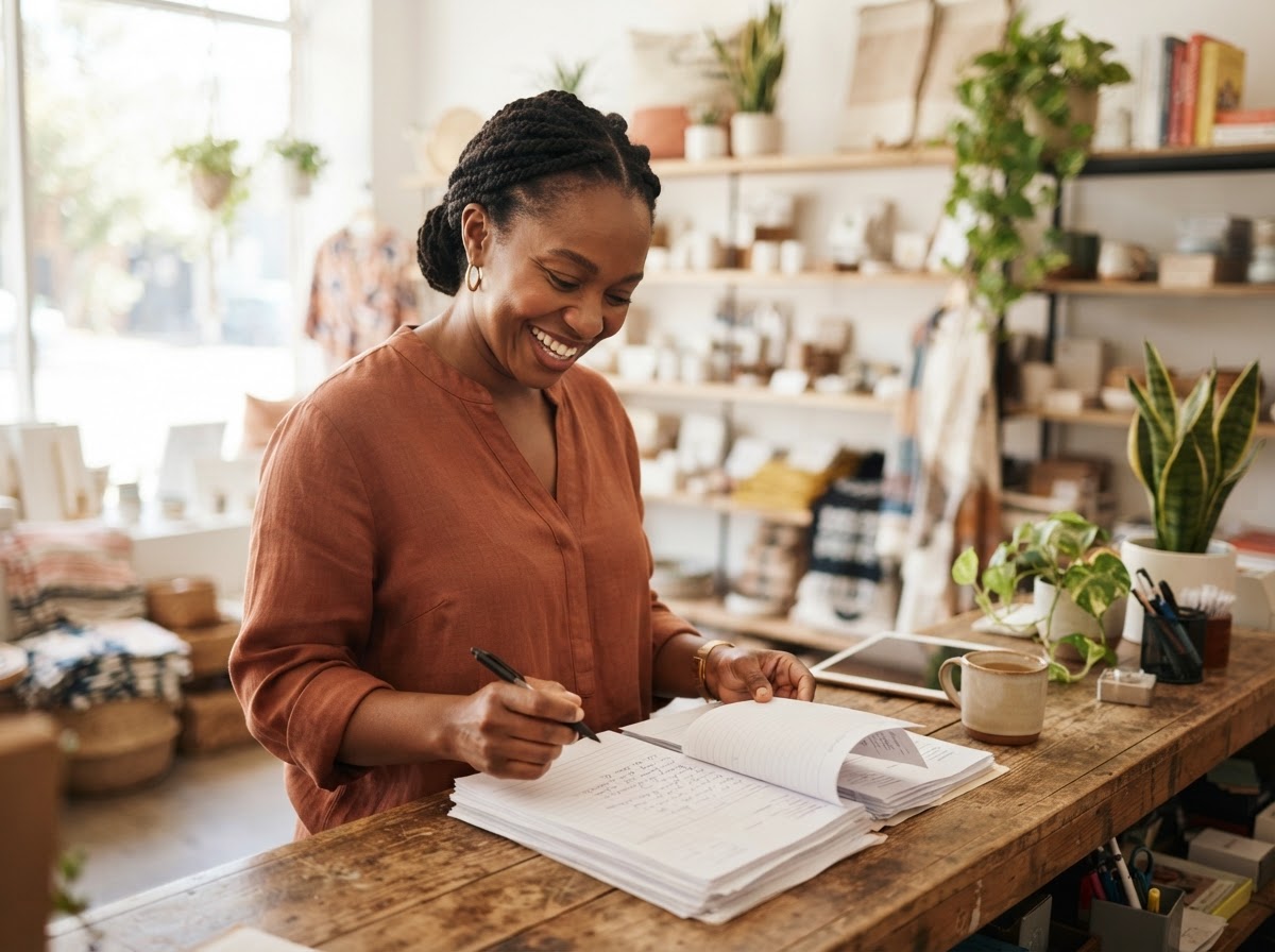 A Black woman small-business owner working in her shop or office