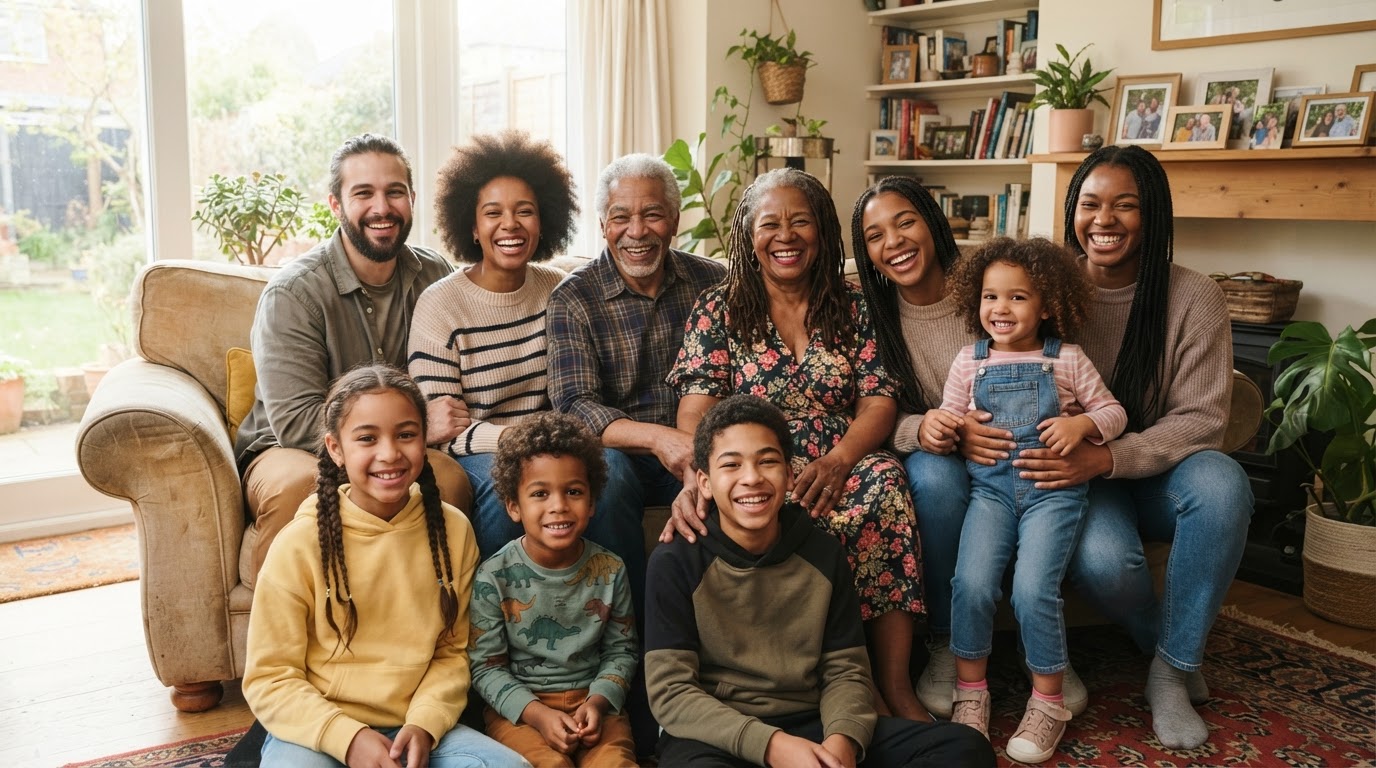 A diverse multigenerational family, predominantly Black, smiling together in a bright, sunlit living room at home