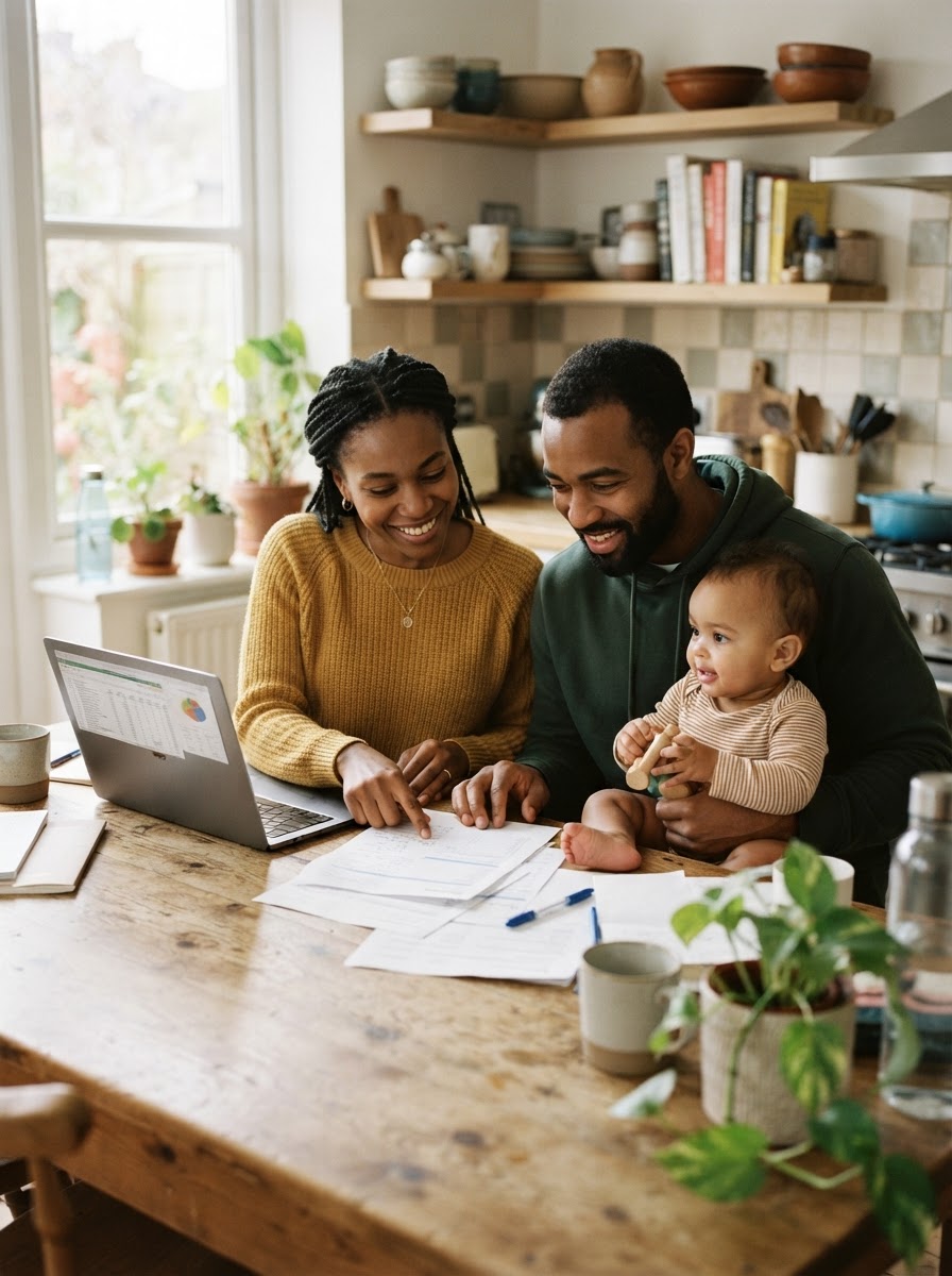 A young Black couple with a baby reviewing paperwork together at home