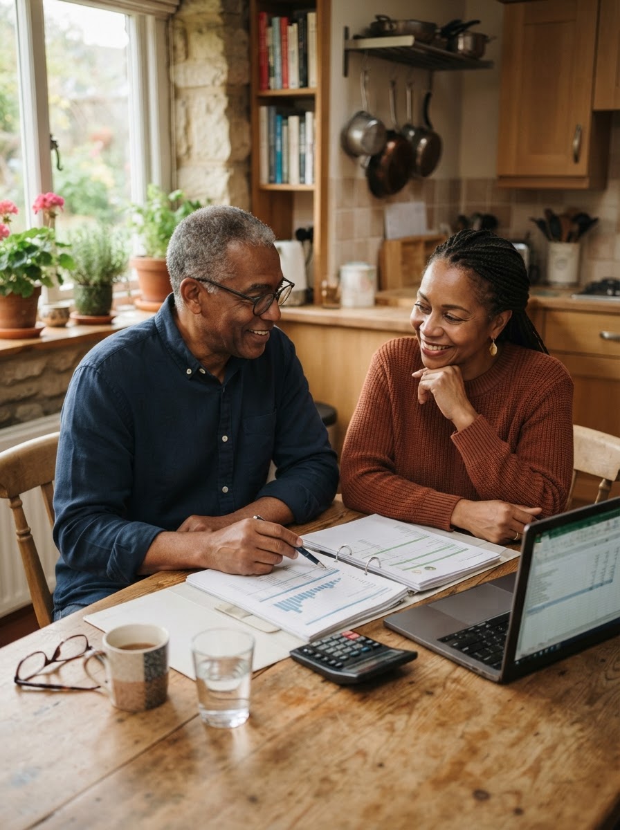 A Black couple in their fifties reviewing plans together at a kitchen table