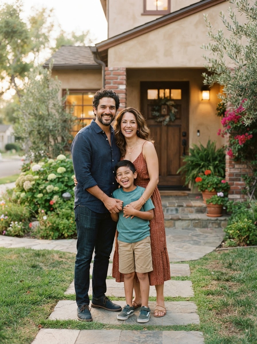 A Latino family with a school-age child in front of their home