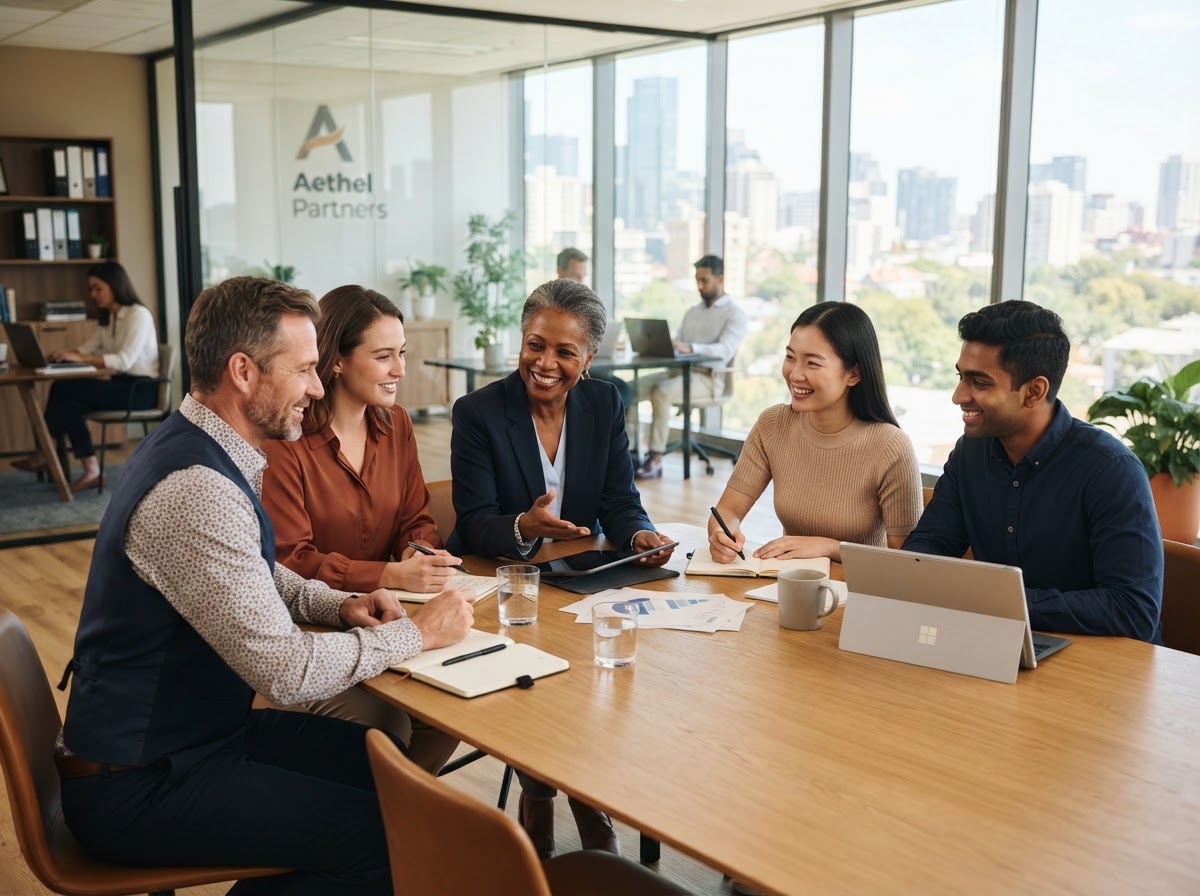 A diverse group of professionals in a mentoring and training setting
