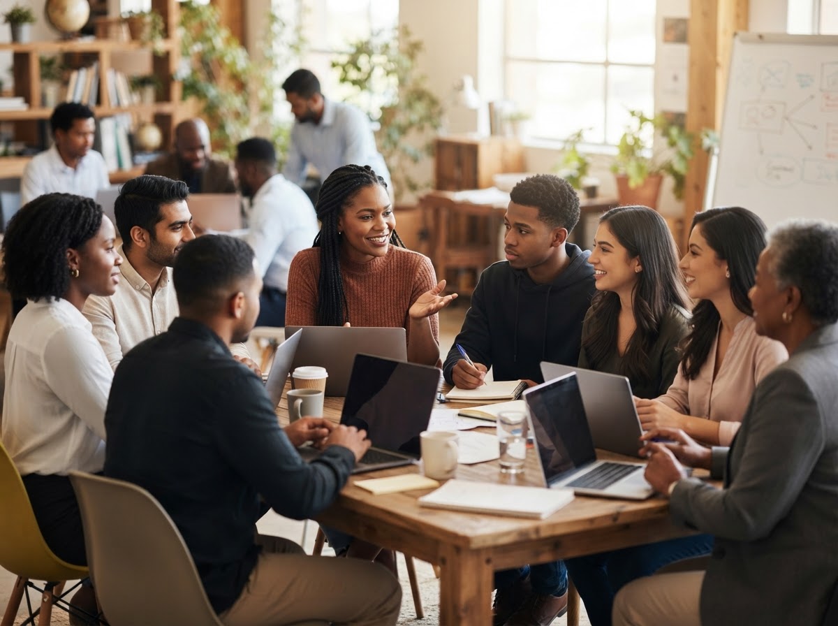 A diverse group of professionals, predominantly people of color, in a mentoring and training setting
