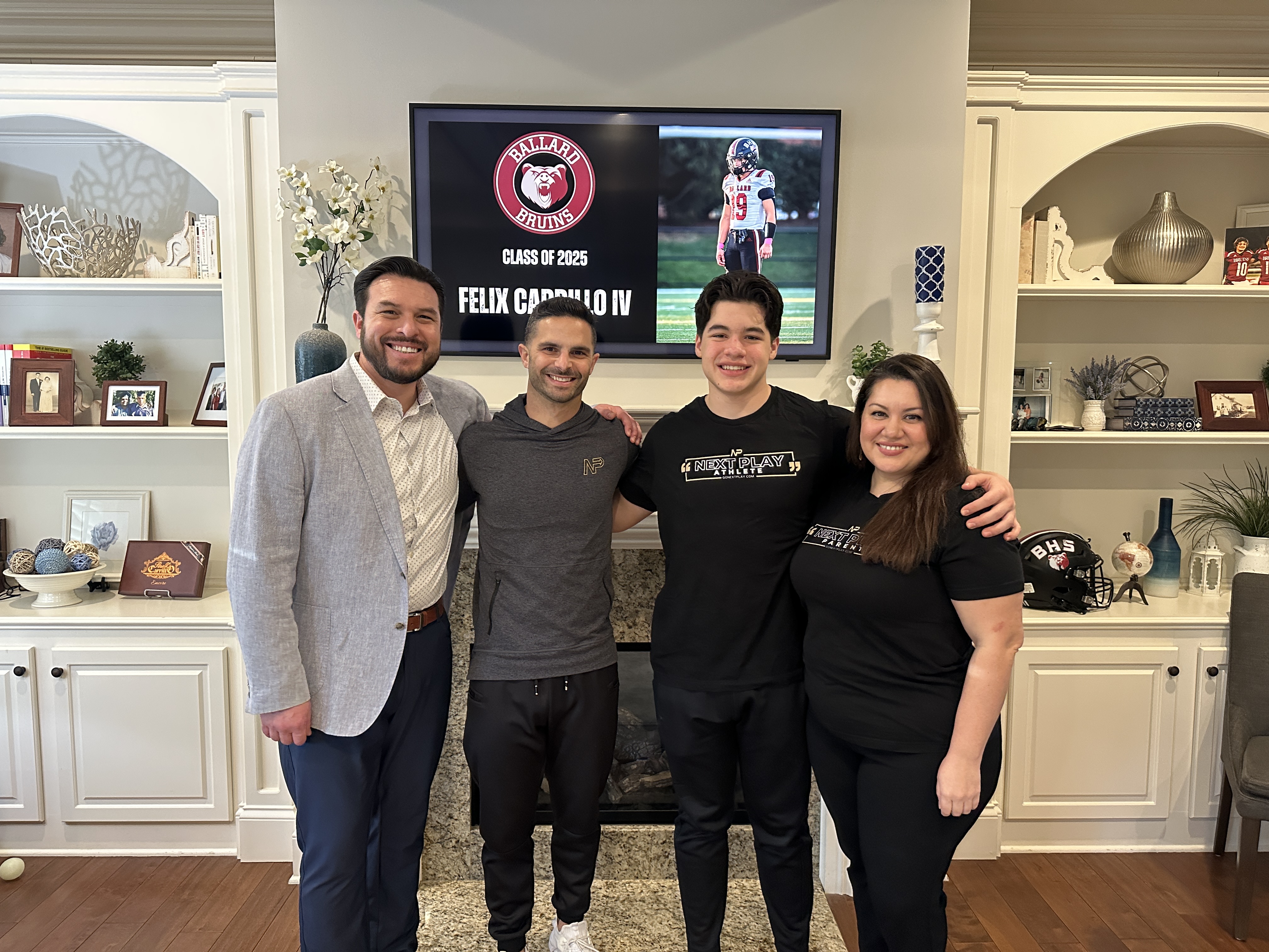 Richie Contartesi celebrating college commitment with athlete and parents