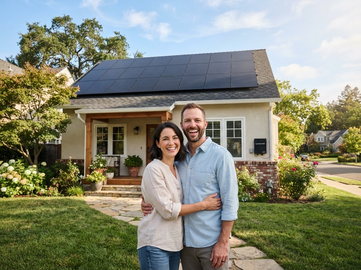 Happy homeowners with newly installed solar panels
