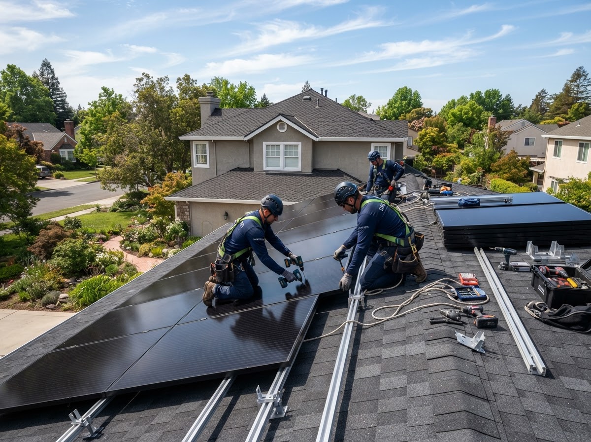 Solar installation crew installing all-black panels on a home