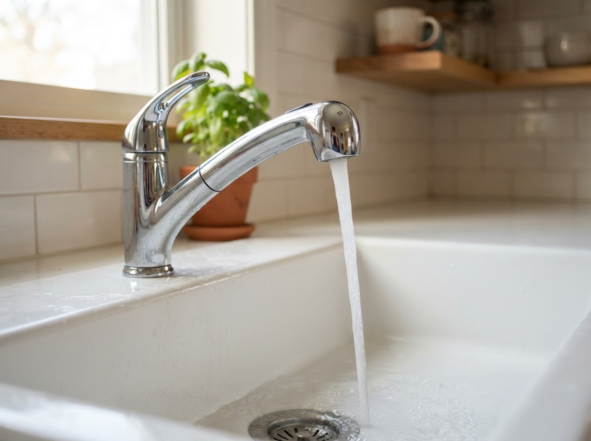 Chrome faucet fixture installed on white ceramic basin