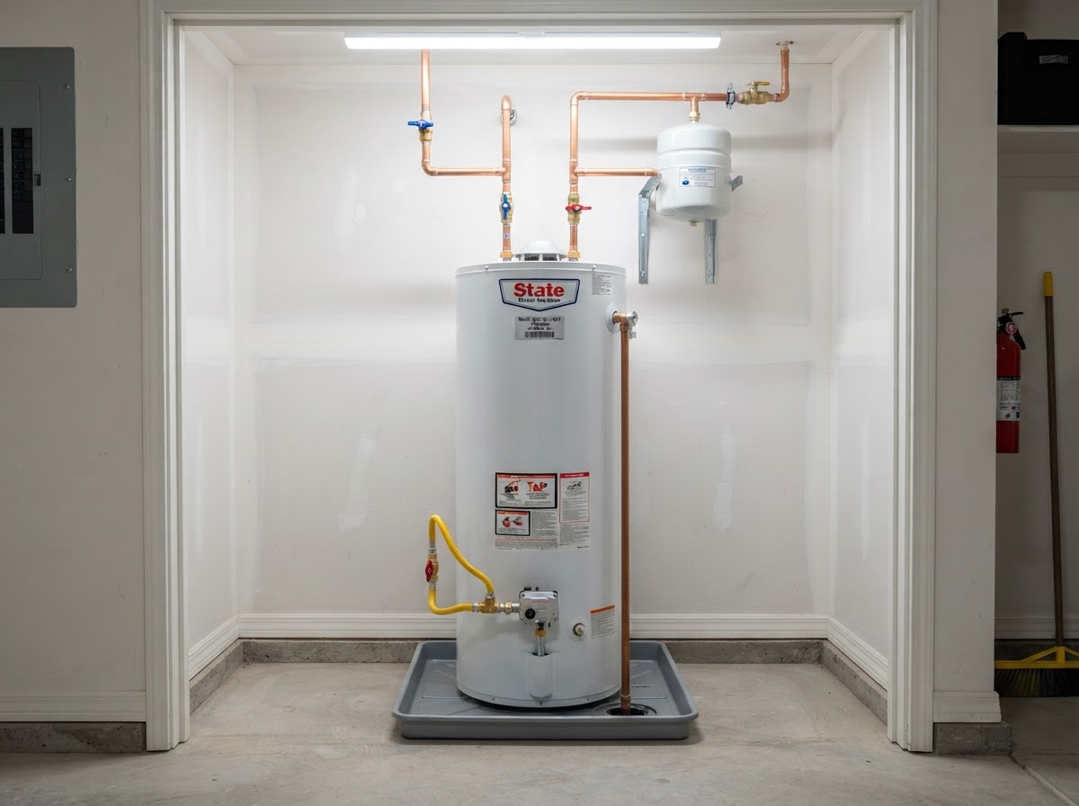 State water heater unit installed by Leader Plumbing