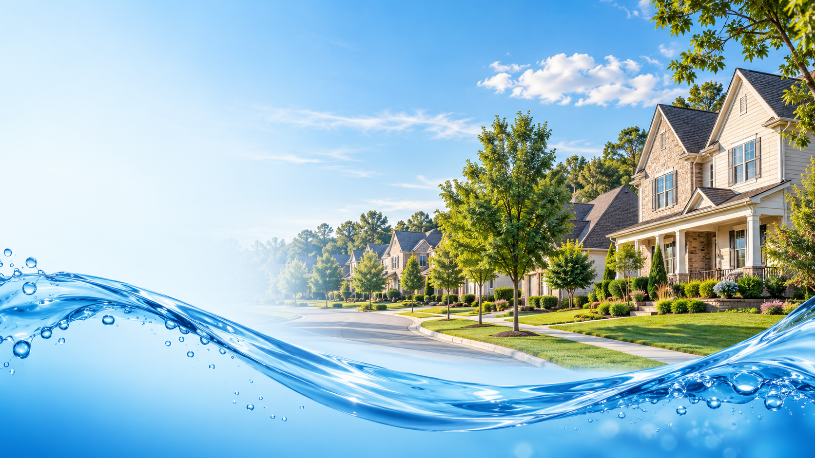 Residential neighborhood homes with clean flowing water wave