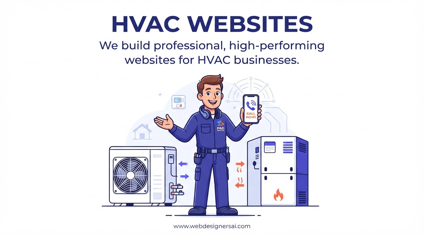 Cartoon illustration of HVAC website development by Web Designers AI
