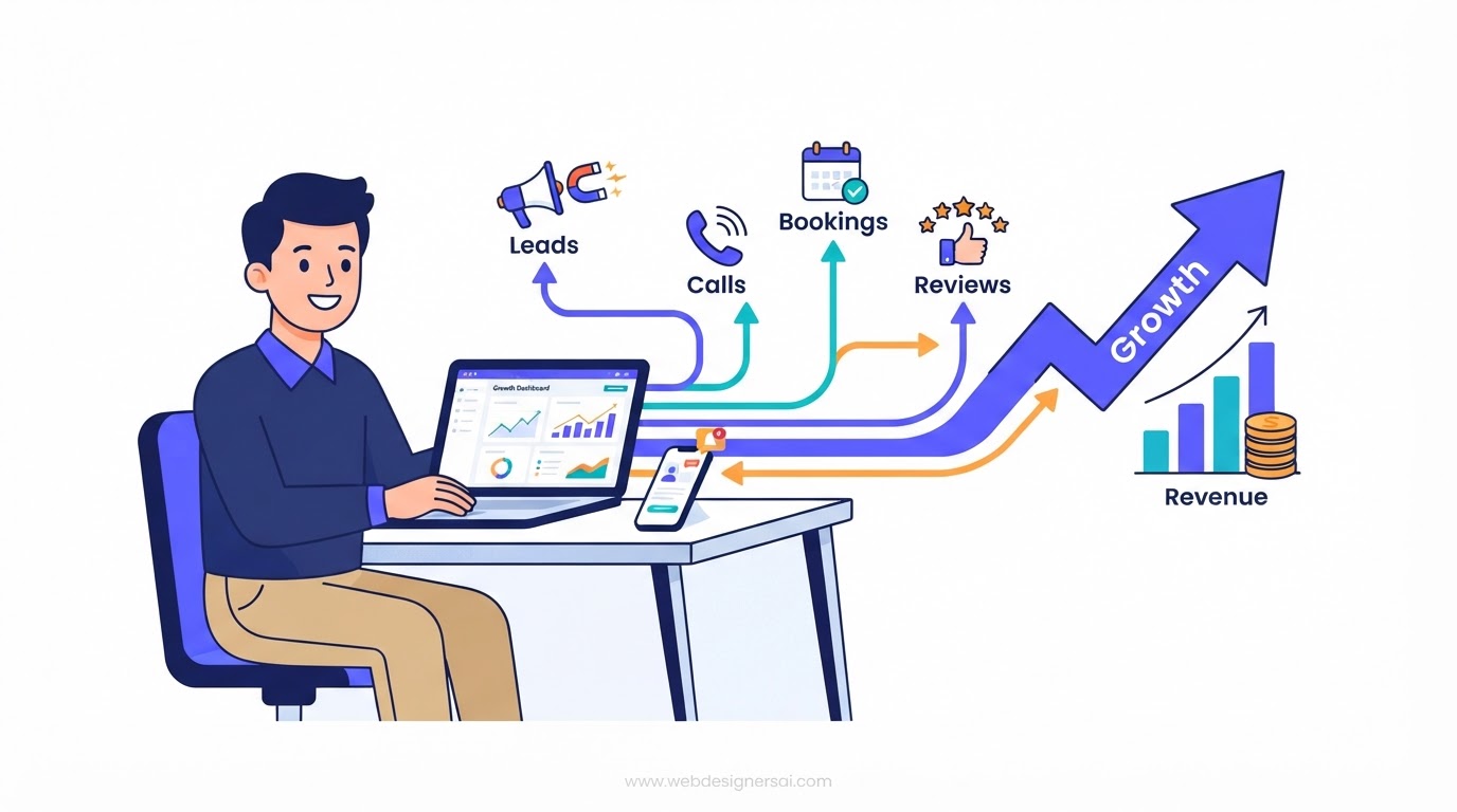 Cartoon illustration of SITEBOW's core values: custom built, local first, performance, partnership