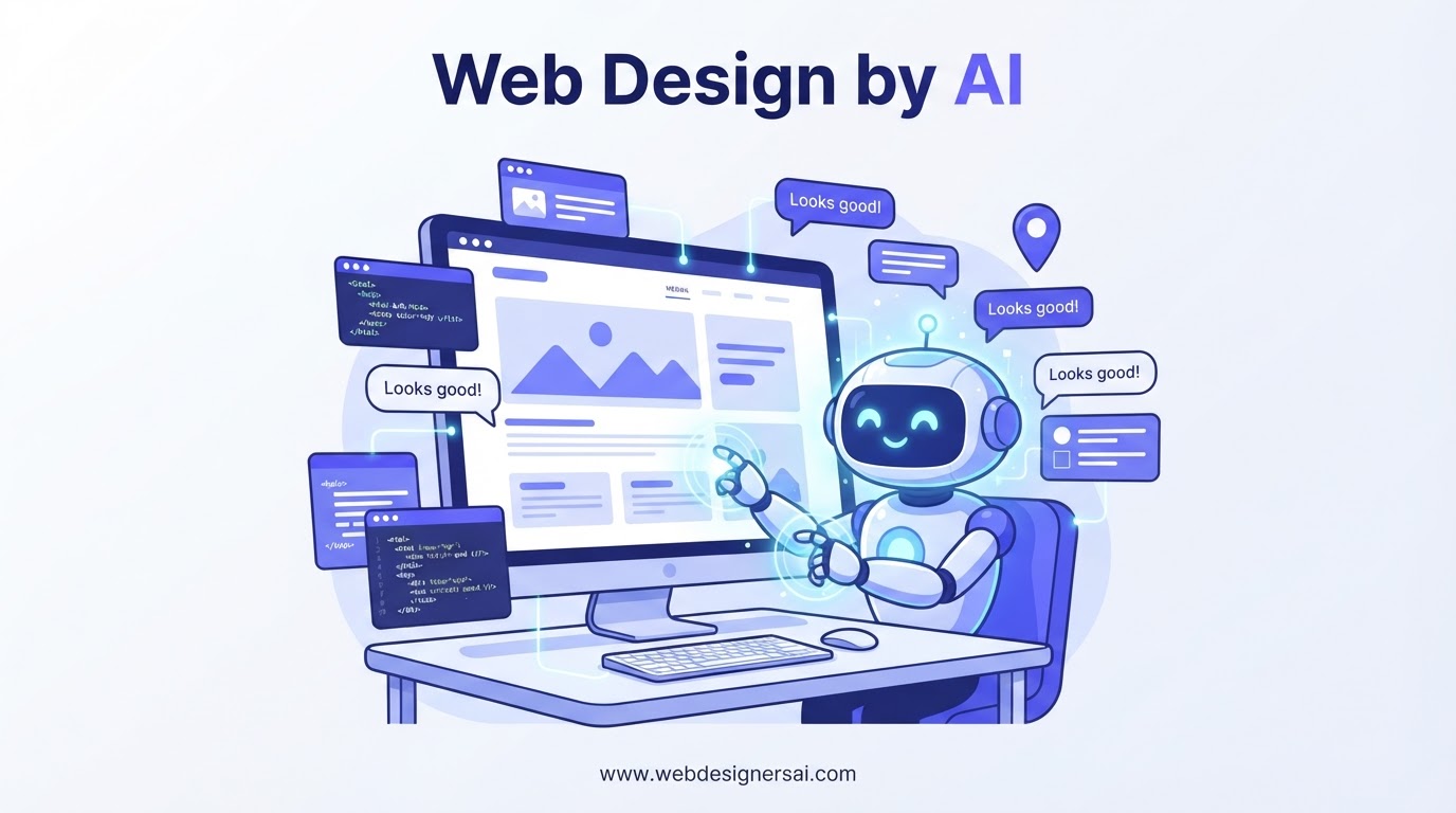 Cartoon illustration of an AI robot designing and building a custom website with AI-powered tools