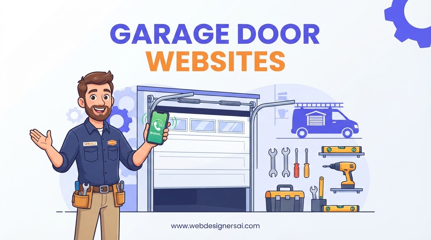 Cartoon illustration of Garage Door Companies website development by Web Designers AI