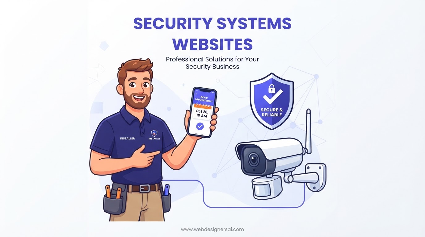 Cartoon illustration of Security Systems Installers website development by Web Designers AI