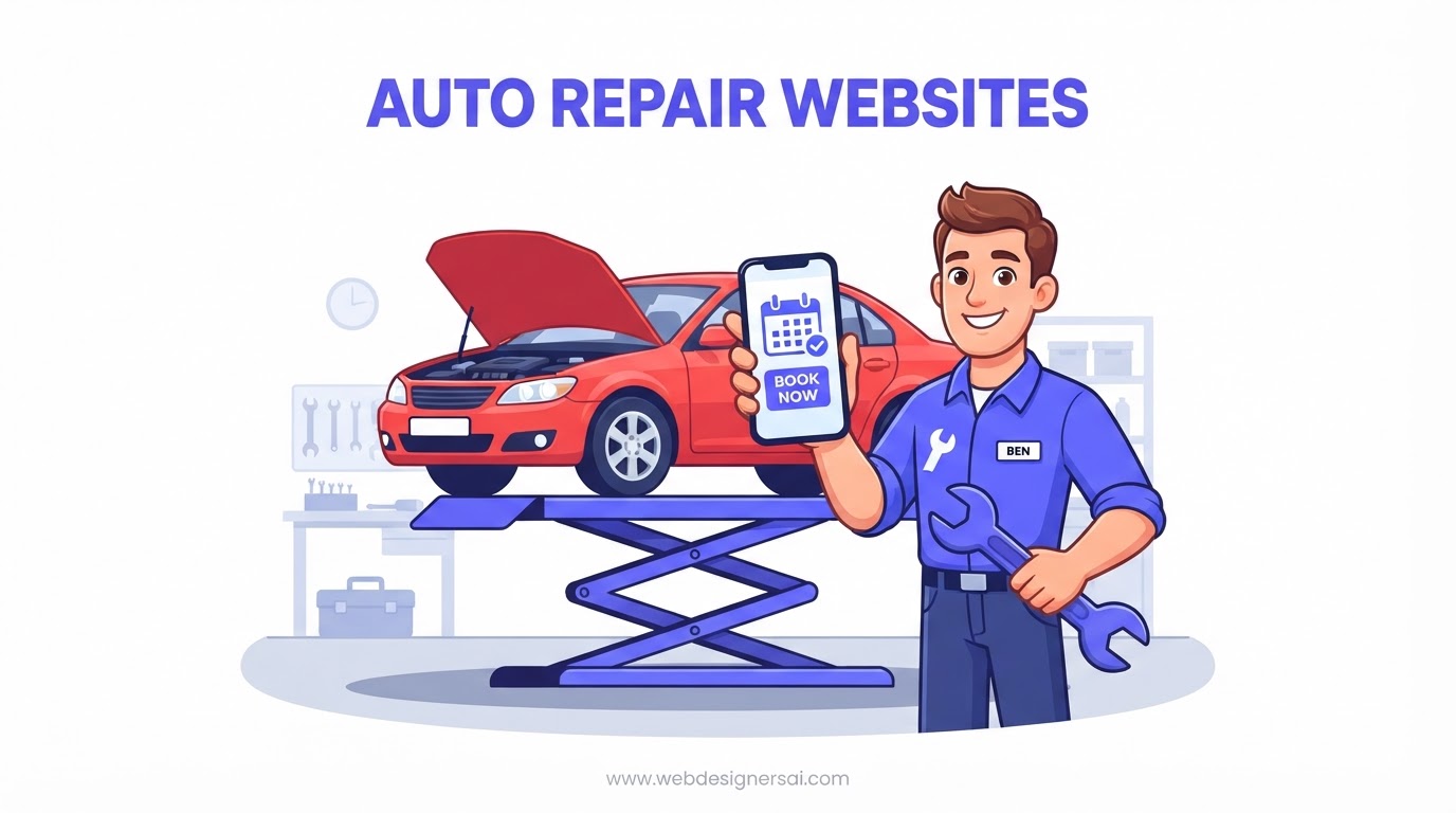 Cartoon illustration of Auto Repair website development by Web Designers AI