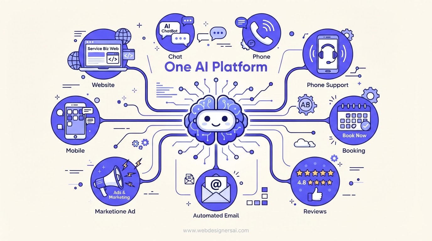 Cartoon illustration of the full AI-powered platform of website services offered by Web Designers AI