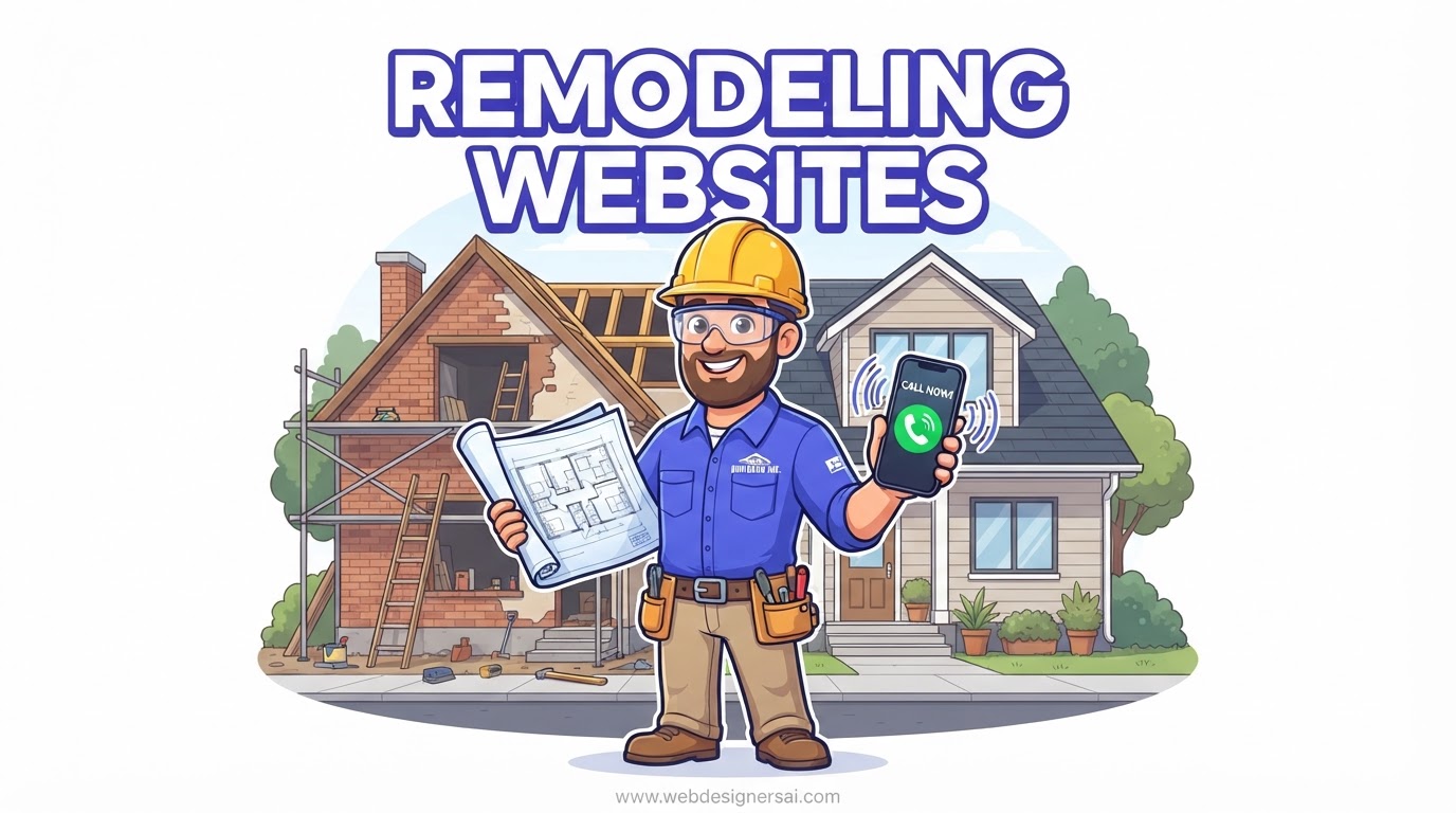 Cartoon illustration of Remodeling / Contractors website development by Web Designers AI